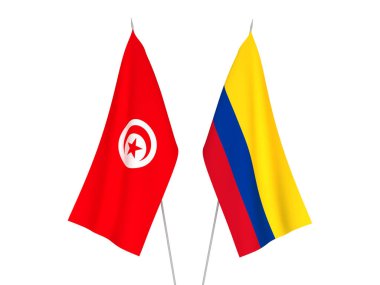 Beyaz arka planda Kolombiya ve Tunus Cumhuriyeti 'nin ulusal kumaş bayrakları izole edildi. 3d resimleme.