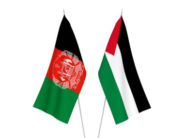 Beyaz arka planda, Filistin ve Afganistan İslam Cumhuriyeti 'nin ulusal kumaş bayrakları izole edildi. 3d resimleme.