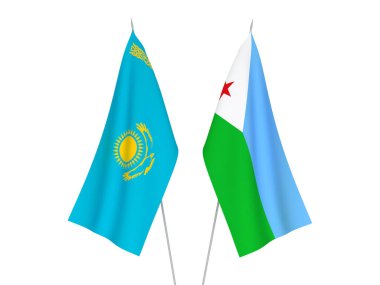 Beyaz arka planda Kazakistan ve Cibuti Cumhuriyeti 'nin ulusal kumaş bayrakları izole edildi. 3d resimleme.