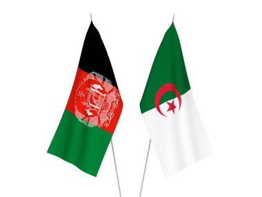 Beyaz arka planda Cezayir ve Afganistan İslam Cumhuriyeti 'nin ulusal kumaş bayrakları izole edildi. 3d resimleme.