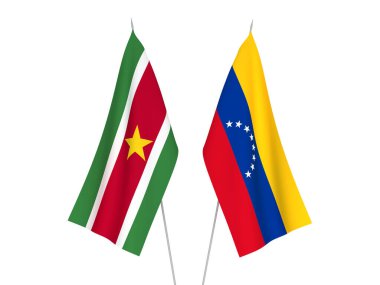 Surinam ve Venezuela 'nın ulusal kumaş bayrakları beyaz arka planda izole edildi. 3d resimleme.