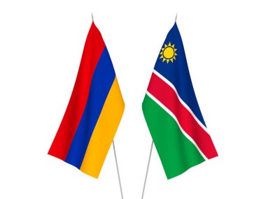 Beyaz arka planda Ermenistan ve Namibya Cumhuriyeti 'nin ulusal kumaş bayrakları izole edildi. 3d resimleme.