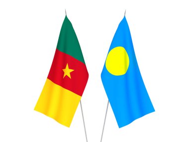 Beyaz arka planda Palau ve Kamerun 'un ulusal kumaş bayrakları izole edildi. 3d resimleme.