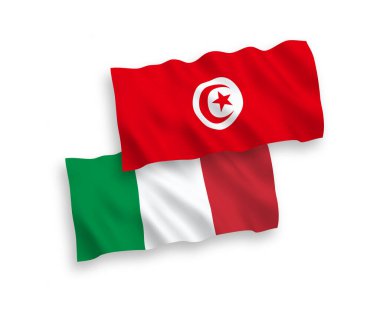 Beyaz arka planda İtalya ve Tunus Cumhuriyeti 'nin ulusal taşıyıcı kumaş bayrakları izole edildi. 1 'e 2 oranında.