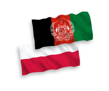 Afganistan İslam Cumhuriyeti ve Polonya 'nın ulusal taşıyıcı kumaş bayrakları beyaz arka planda izole edildi. 1 'e 2 oranında.