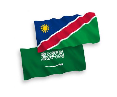 Beyaz arka planda, Suudi Arabistan ve Namibya Cumhuriyeti 'nin ulusal taşıyıcı kumaş bayrakları izole edildi. 1 'e 2 oranında.