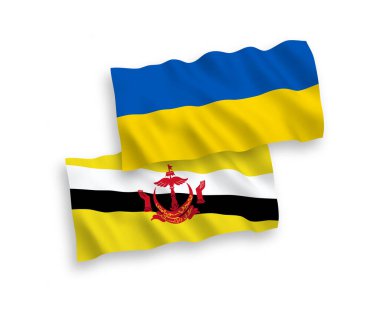Beyaz arka planda Brunei ve Ukrayna 'nın ulusal taşıyıcı kumaş bayrakları izole edildi. 1 'e 2 oranında.