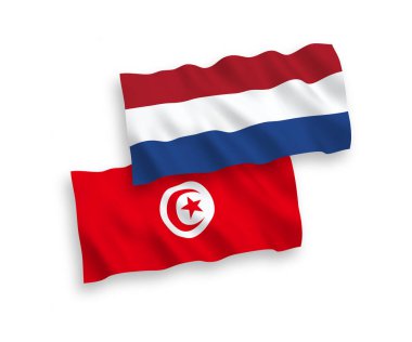 Beyaz arka planda, Tunus ve Hollanda Cumhuriyeti 'nin ulusal taşıyıcı kumaş bayrakları izole edilmiştir. 1 'e 2 oranında.