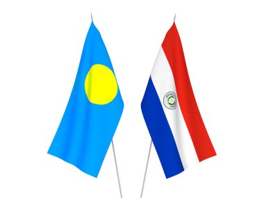 Beyaz arka planda Palau ve Paraguay 'ın ulusal kumaş bayrakları izole edildi. 3d resimleme.