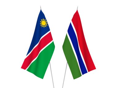 Gambiya Cumhuriyeti ve Namibya Cumhuriyeti bayrakları beyaz arka planda izole edilmiştir. 3d resimleme.