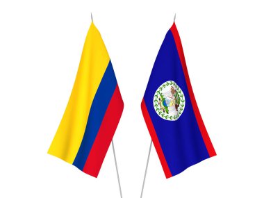 Beyaz arka planda Kolombiya ve Belize 'nin ulusal kumaş bayrakları izole edildi. 3d resimleme.