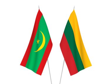 Beyaz arka planda Litvanya 'nın ulusal kumaş bayrakları ve Moritanya İslam Cumhuriyeti izole edildi. 3d resimleme.