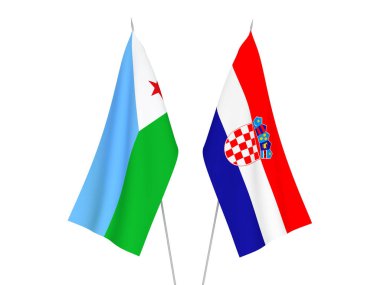 Hırvatistan ve Cibuti Cumhuriyeti 'nin ulusal kumaş bayrakları beyaz arka planda izole edildi. 3d resimleme.