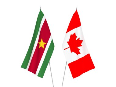 Surinam ve Kanada 'nın ulusal kumaş bayrakları beyaz arka planda izole edildi. 3d resimleme.
