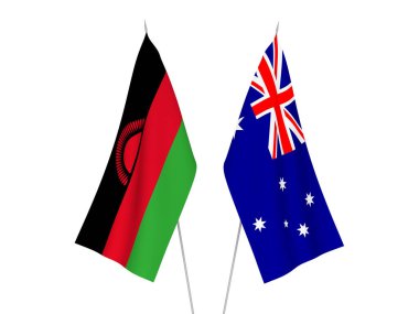 Avustralya ve Malavi 'nin ulusal kumaş bayrakları beyaz arka planda izole edildi. 3d resimleme.