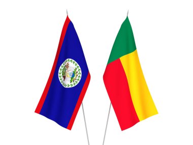 Beyaz arka planda Benin ve Belize 'nin ulusal kumaş bayrakları izole edildi. 3d resimleme.