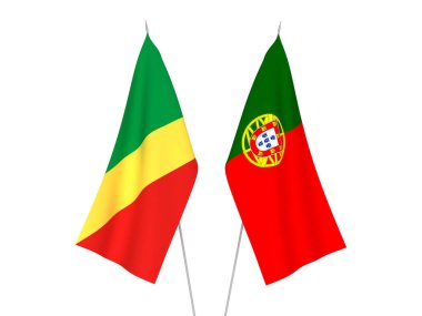 Kongo Cumhuriyeti ve Portekiz 'in ulusal kumaş bayrakları beyaz arka planda izole edilmiştir. 3d resimleme.