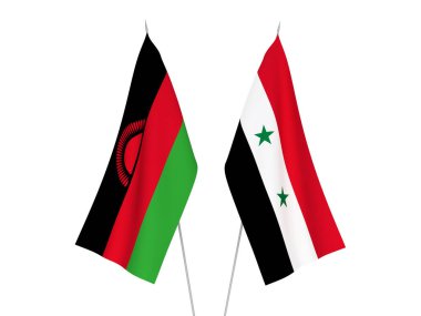 Beyaz arka planda Malawi ve Suriye 'nin ulusal kumaş bayrakları izole edildi. 3d resimleme.