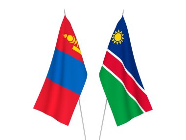 Beyaz arka planda Moğolistan ve Namibya Cumhuriyeti 'nin ulusal kumaş bayrakları izole edildi. 3d resimleme.