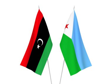 Libya ve Cibuti Cumhuriyeti 'nin ulusal kumaş bayrakları beyaz arka planda izole edildi. 3d resimleme.