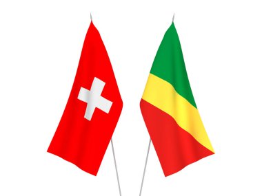 Beyaz arka planda İsviçre ve Kongo Cumhuriyeti 'nin ulusal kumaş bayrakları izole edildi. 3d resimleme.