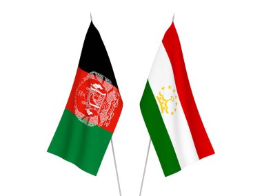 Beyaz arka planda Tacikistan ve Afganistan İslam Cumhuriyeti 'nin ulusal kumaş bayrakları izole edildi. 3d resimleme.