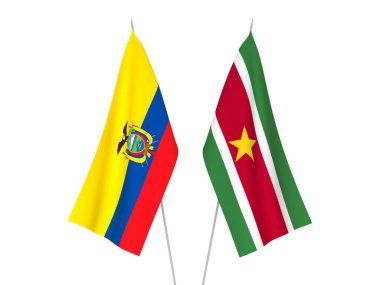 Beyaz arka planda Ekvador ve Surinam 'ın ulusal kumaş bayrakları izole edildi. 3d resimleme.