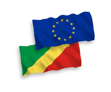 Beyaz arka planda Avrupa Birliği ve Kongo Cumhuriyeti 'nin ulusal taşıyıcı kumaş bayrakları izole edildi. 1 'e 2 oranında.