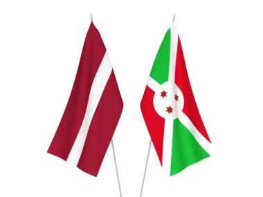 Beyaz arka planda Letonya ve Burundi 'nin ulusal kumaş bayrakları izole edildi. 3d resimleme.