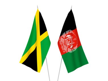 Jamaika 'nın ulusal kumaş bayrakları ve Afganistan İslam Cumhuriyeti beyaz arka planda izole edildi. 3d resimleme.