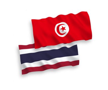 Tunus Cumhuriyeti ve Tayland 'ın ulusal taşıyıcı kumaş bayrakları beyaz arka planda izole edildi. 1 'e 2 oranında.
