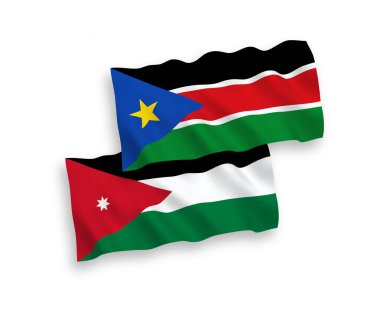 Ürdün Haşim Krallığı ve Güney Sudan Cumhuriyeti 'nin ulusal taşıyıcı kumaş bayrakları beyaz arka planda izole edildi. 1 'e 2 oranında.