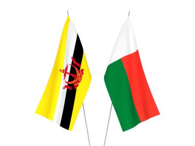 Madagaskar ve Brunei 'nin ulusal kumaş bayrakları beyaz arka planda izole edildi. 3d resimleme.