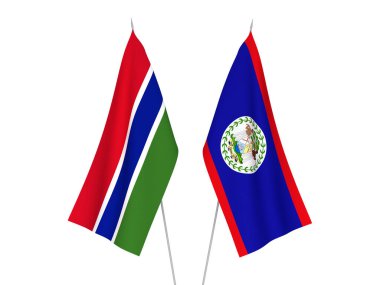 Gambiya Cumhuriyeti ve Belize 'nin ulusal kumaş bayrakları beyaz arka planda izole edilmiştir. 3d resimleme.
