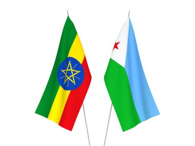 Etiyopya 'nın ulusal kumaş bayrakları ve Cibuti Cumhuriyeti beyaz arka planda izole edildi. 3d resimleme.