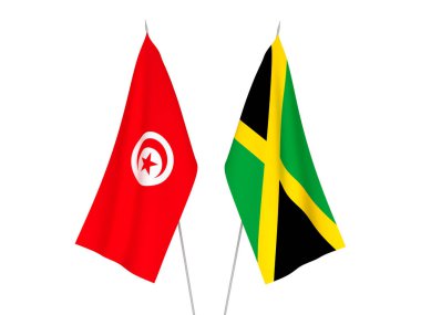 Beyaz arka planda Jamaika ve Tunus Cumhuriyeti 'nin ulusal kumaş bayrakları izole edildi. 3d resimleme.