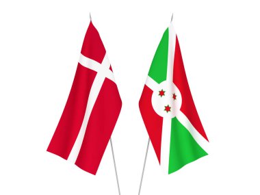 Beyaz arka planda Burundi ve Danimarka 'nın ulusal kumaş bayrakları izole edildi. 3d resimleme.