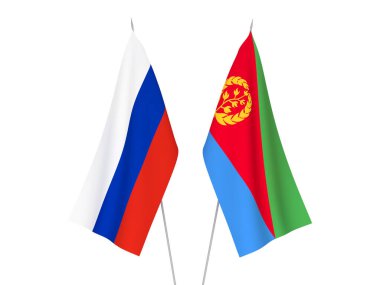 Beyaz arka planda Rusya ve Eritre 'nin ulusal kumaş bayrakları izole edildi. 3d resimleme.