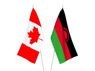 Beyaz arka planda Malawi ve Kanada 'nın ulusal kumaş bayrakları izole edildi. 3d resimleme.