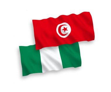 Tunus Cumhuriyeti ve Nijerya 'nın ulusal taşıyıcı kumaş bayrakları beyaz arka planda izole edildi. 1 'e 2 oranında.