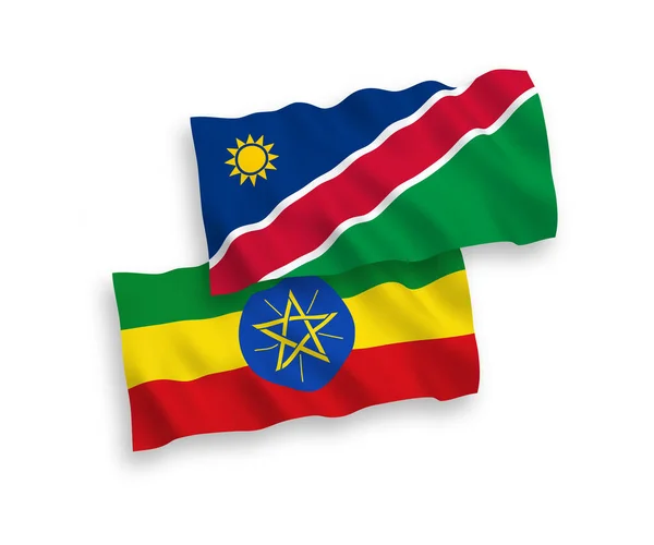 纳米比亚共和国和埃塞俄比亚的国家病媒织物波条旗在白色背景下隔离 1比2的比例 — 图库矢量图片