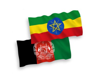 Afganistan İslam Cumhuriyeti ve Etiyopya 'nın ulusal taşıyıcı kumaş bayrakları beyaz arka planda izole edildi. 1 'e 2 oranında.