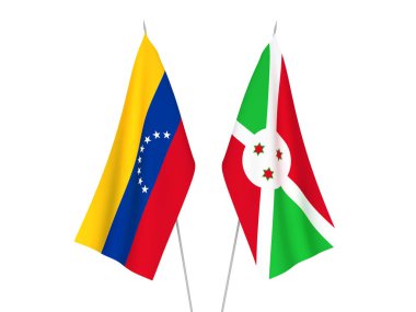 Beyaz arka planda Burundi ve Venezuela 'nın ulusal kumaş bayrakları izole edildi. 3d resimleme.
