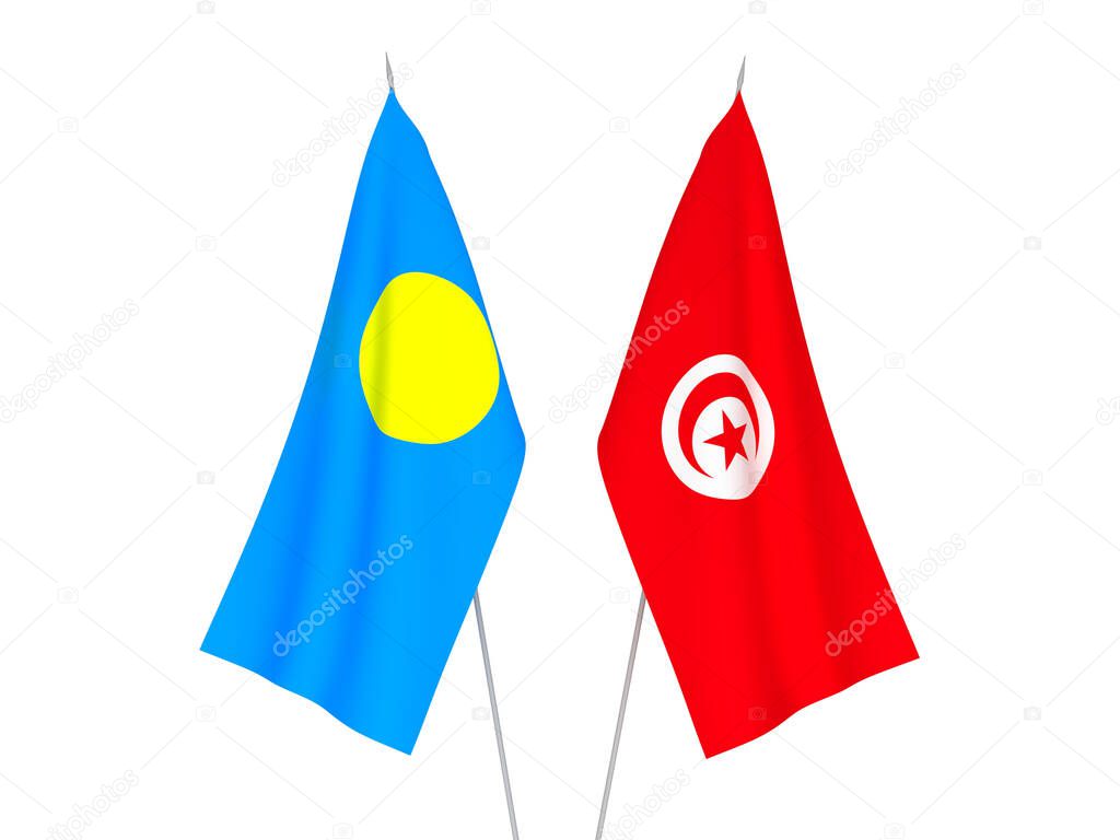 National fabric flags of Palau and Republic of Tunisia isolated on white background. 3d rendering illustration.