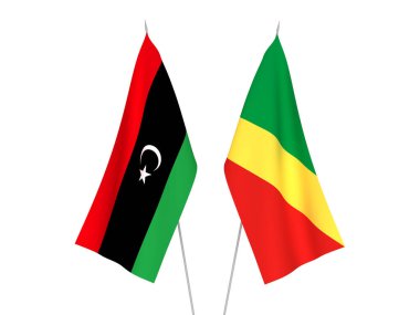 Libya ve Kongo Cumhuriyeti 'nin ulusal kumaş bayrakları beyaz arka planda izole edildi. 3d resimleme.