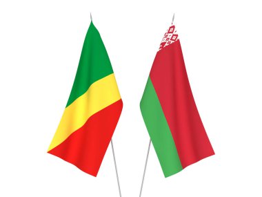 Beyaz arka planda Beyaz Rusya ve Kongo Cumhuriyeti 'nin ulusal kumaş bayrakları izole edildi. 3d resimleme.