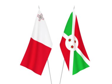 Beyaz arka planda Burundi ve Malta 'nın ulusal kumaş bayrakları izole edildi. 3d resimleme.