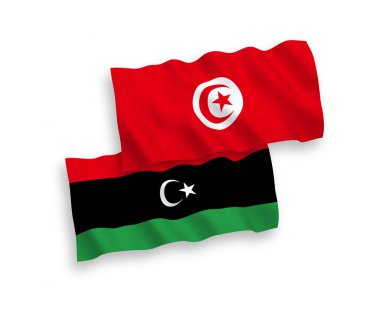 Tunus Cumhuriyeti ve Libya 'nın ulusal taşıyıcı kumaş bayrakları beyaz arka planda izole edildi. 1 'e 2 oranında.