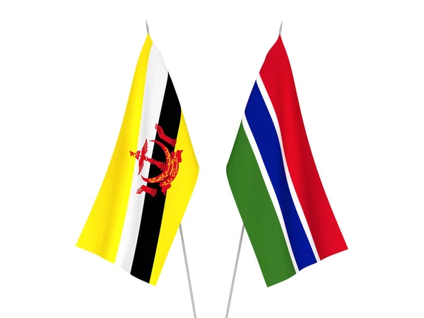 Bandeiras Tecido Nacional República Gâmbia Brunei Isoladas Fundo Branco Ilustração — Fotografia de Stock