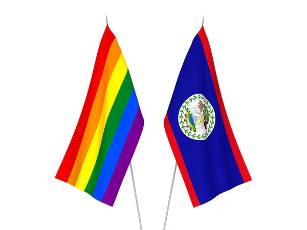 Nationella Tyg Flaggor Rainbow Gay Stolthet Och Belize Isolerad Vit — Stockfoto